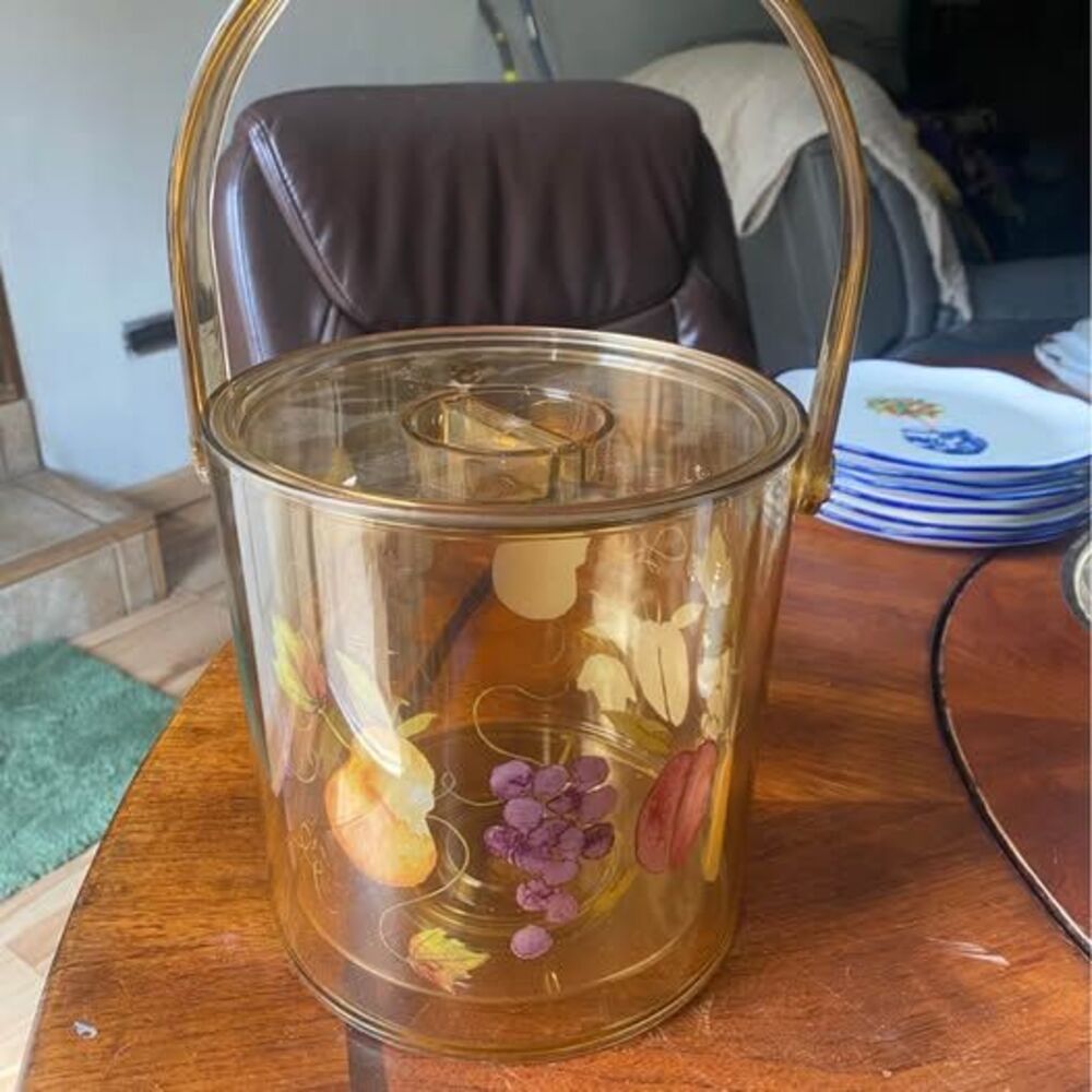 Vintage Mid-Century Amber Acrylic Ice Bucket - Fruit Design MCM